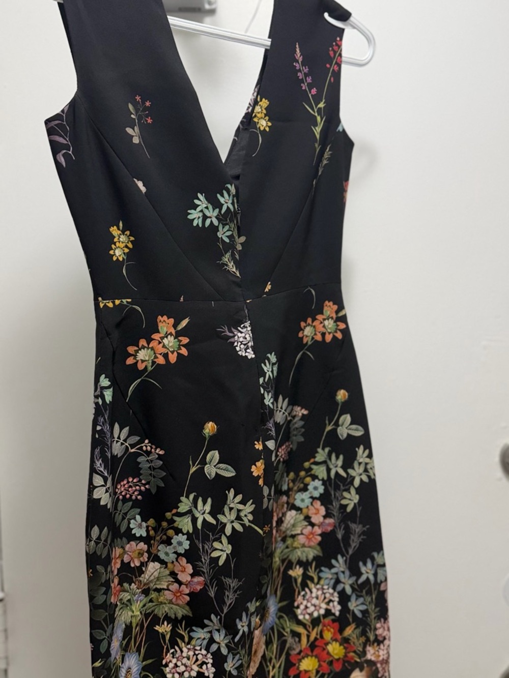 Zara Black Floral V-Neck Midi Dress with Multicolor Blooms